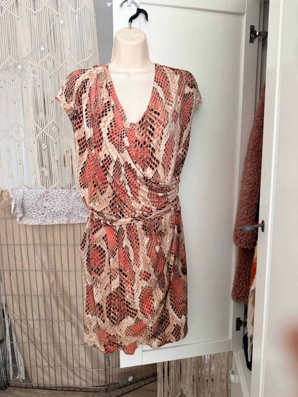 Jennifer Lopez Coral and Cream Snake-Print Mini Dress